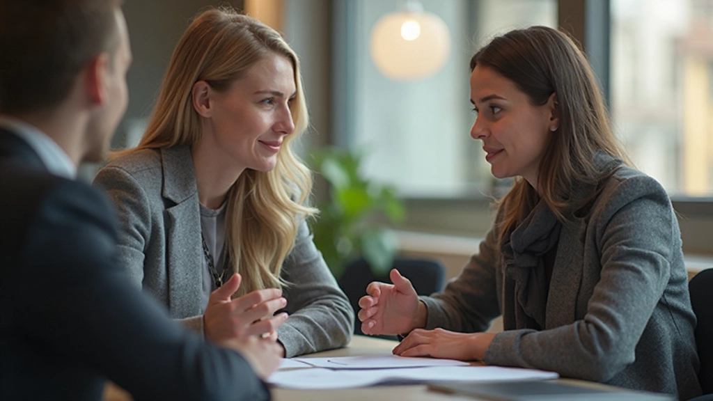 Två professionella personer diskuterar och delar erfarenheter vid ett möte