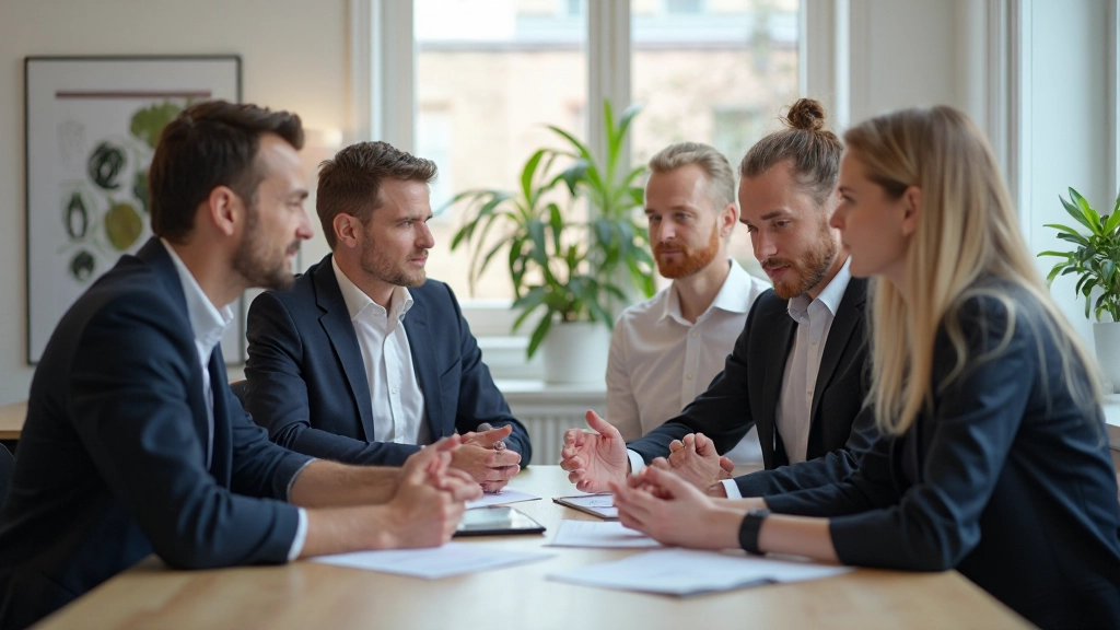 Professionell team diskuterar karriärstrategier i ett modernt kontorskontor
