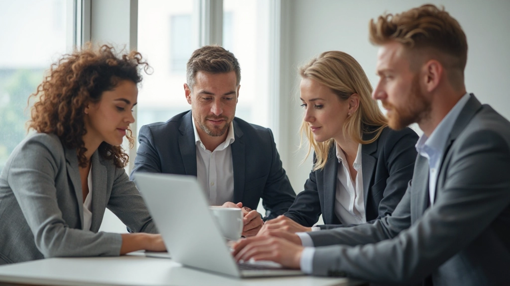 Grupp av professionella personer som kolaborerar kring ett projekt i ett modernt kontor