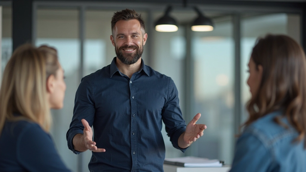 Professionell person som presenterar idéer till sitt team under ett möte