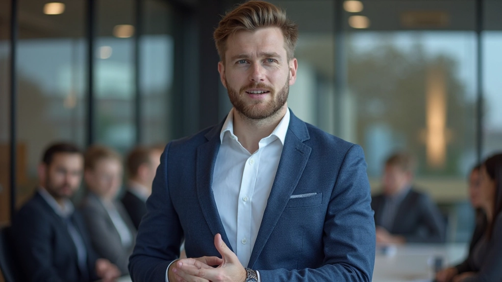 Professionell man presenterar idéer under ett arbetsmöte i ett modernt kontor