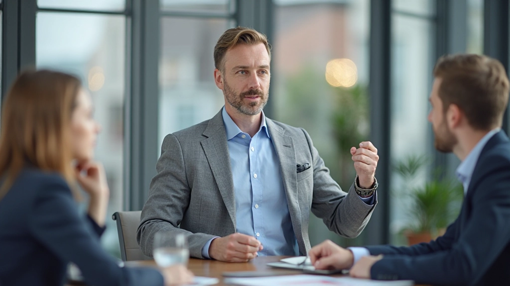 Professionell man presenterar idéer under ett arbetsmöte i ett modernt kontor