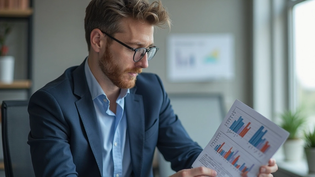 Professionell man reflekterar över sin karriärutveckling med en anteckningsbok och grafer