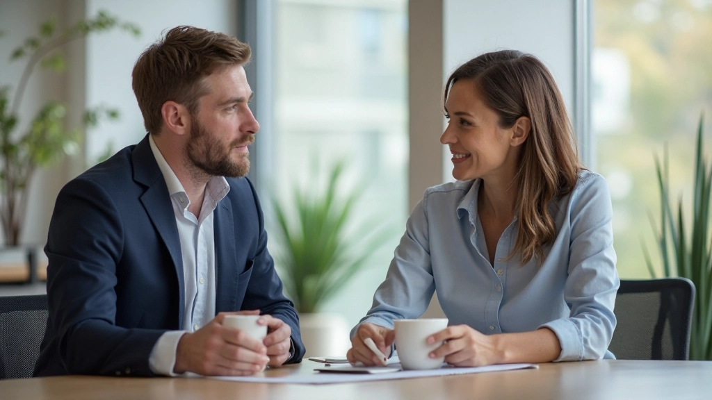 Två professionella personer diskuterar vid ett konferensbord i modernt kontor