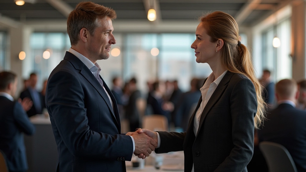Två yrkesperson som diskuterar och nätverkar vid en konferensbord