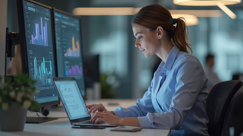Professionell person analyserar data på laptop med grafer och statistik på skärmen