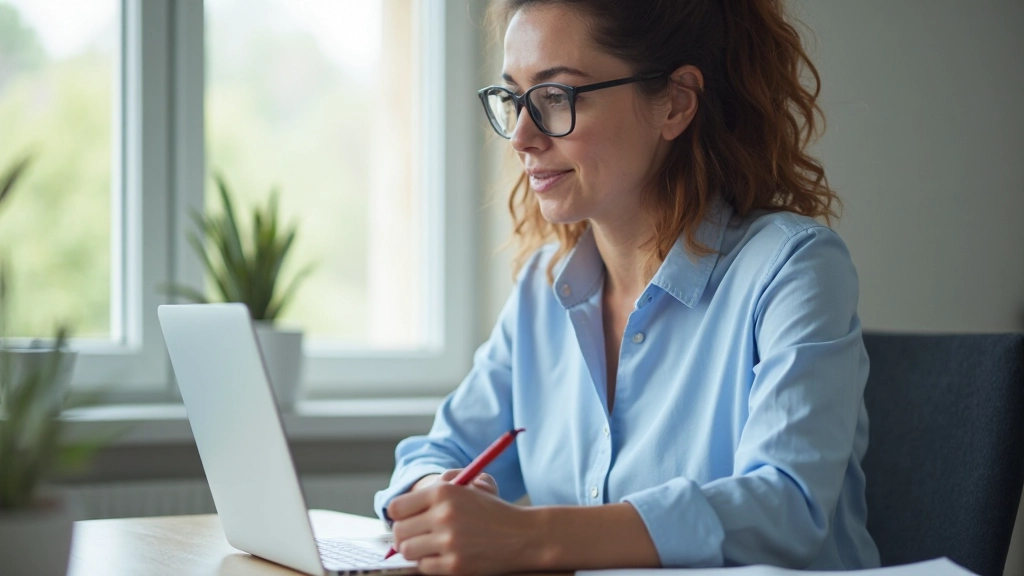 Yrkesperson som deltar i en webinarutbildning, sitter vid skrivbord med anteckningsbok och lyssnar uppmärksamt