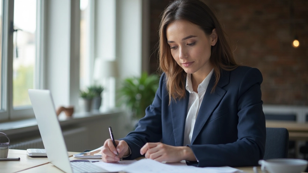 Professionell person studerar utvecklingsmaterial vid sitt skrivbord med fokuserad uppsyn
