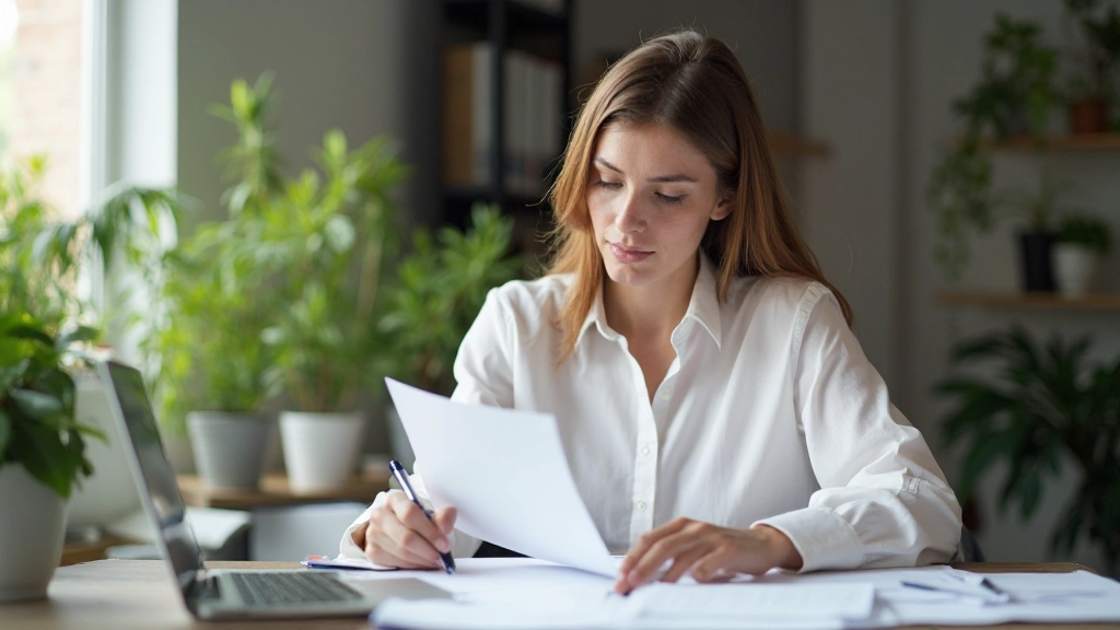 Professionell kvinna arbetar med karriärplanering och målsättning vid sitt skrivbord