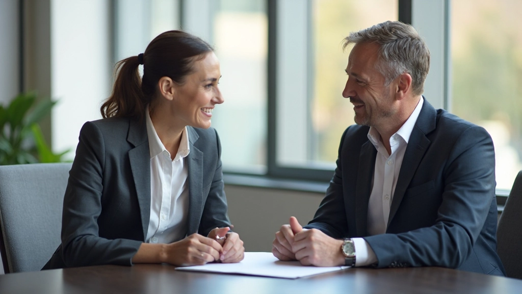 Två professionella personer i en meningsfull diskussion vid ett konferensrum